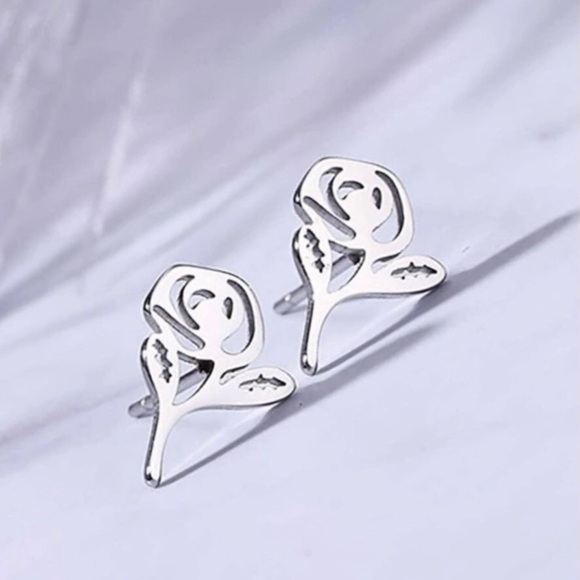 “Beauty Beast” Enchanted Rose Disney Lasercut Cut-Out Outline Floral Silver Stud - Picture 2 of 8